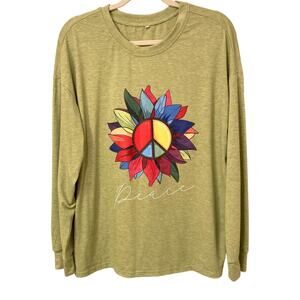 Sunflower Rainbow Peace Green Long-Sleeve T-Shirt Size XL EUC